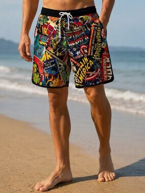 Marvel Comics Superhero Board Shorts Men's Large Captain America Hulk Spider-Man